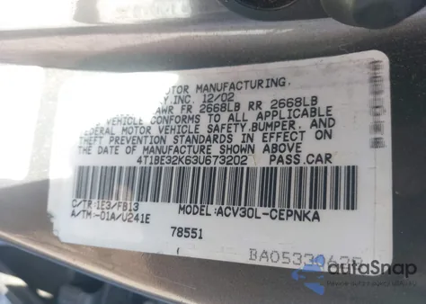 2003 Toyota Camry Le from USA, damaged, VIN 4T1BE32K63U673202